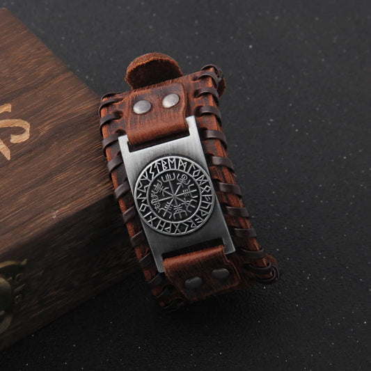 Nordic Wide Leather Vegvisir Wristband